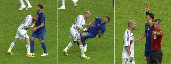 epa01094126 (FILES) This file combo of TV grabs shows the foul of Zinedine Zidane of France to