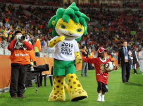 Zakumi, the official FIFA 2010 World Cup mascot, is seen before the FIFA World Cup 2010 3rd place
