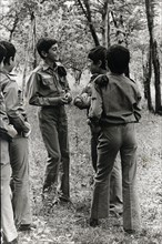 Reza Pahlavi, eldest son of Mohammed Reza Shah Pahlavi and Farah Diba. With his troop of Boys Scouts, in 1972.