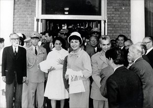 Farah Pahlavi getting out of the maternity hospital 
after she gave birth to her first son, Reza (1960)