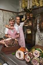 Rosita Cariani and Marco Biagetti, owners of the Butcher shop "Tagliavento" in Bevagna, Italie