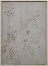 "Heads and Figure in Bust Length Views, one in three quarter length", by Leonardo da Vinci, pen and two different brown inks