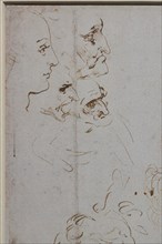 "Heads and Figure in Bust Length Views, one in three quarter length", by Leonardo da Vinci, pen and two different brown inks