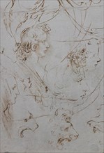 "Heads and Figure in Profile Views, The Virgin Mary nursing Infant Jesus in a Landscape and Infant St. John, a Lion Head and a Dragon" by Leonardo da Vinci