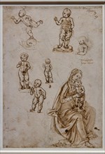 "Putto balanced on a dolphin head, four blessing and standing children, Sitting Madonna and Standing Child", by Francesco di Simone Ferrucci