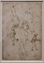 "Moving Male Nude, Three putti in equilibrium, Boy at work, Putto holding a Shield", by Francesco di Simone Ferrucci