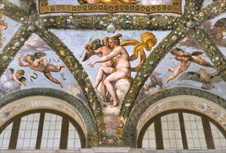 Rome, Villa Farnesina, Loggia of Cupid and Psyche: one vault  pendentive representing Venus instructs Cupid to launch an arrow