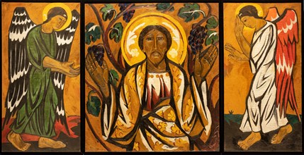 Goncharova, 'Triptych of the Christ Saviour, with Archangel in green, the Saviour with Grape Vines and Archangel in white'
