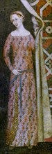 Woman drawing a drape with a geometrical pattern