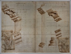 “Elements of the temple of Minerva and the Forum of Nerva in Rome, with variants of the Corinthian capital”, 1540s; by Andrea Palladio