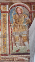 Clusone, Chiesa di San Defendente, affreschi sotto la lunetta del portale: San Defendente.

[ENG]