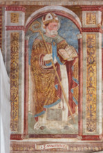 Clusone, Chiesa di San Defendente, affreschi sotto la lunetta del portale: San Martino.

[ENG]