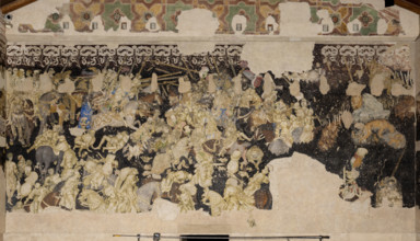 Palazzo Ducale, sala del Pisanello, parete sud-est: “Torneo-battaglia di Louvezerp”,  1430-1433, di