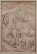 “Studies of figures in contemporary clothes, a knight sitting on a rock, a dragon”, by workshop