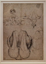 “Woman looking out from an openwork parapet, foliate base and two studies of men’s clothes”, by