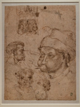 “Studies for four male heads, an altarpiece, a horse”, by Antonio di Puccio, known as Pisanello,