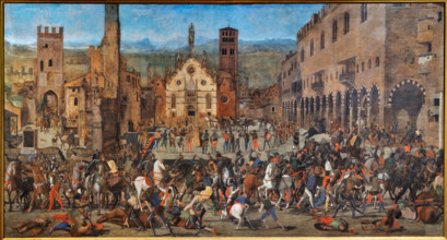 “La cacciata dei Bonacolsi”, di Domenico Morone, tempera grassa su tela, 1494.

Il quadro fu