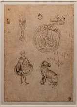 “Various studies: leg, ring, crown, man in contemporary clothes, emblem with dog and flowers”, by