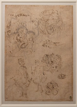 “Various studies: Madonna of the Humility, Ganzaga emblem, two men and decorative motifs ”, by