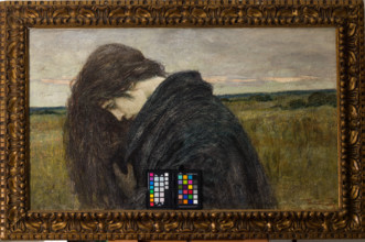 “Studio di testa - motivo elegiacvo” di Cesare Laurenti (FE 1854 - 1936).
Olio su cartone, cm. 57