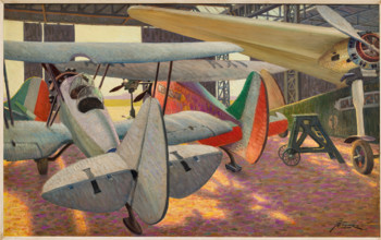 “ Hangar con aerei” di Giovanni Battista Crema (FE 1883 - 1964).
Olio su tavola, cm. 70 x 111