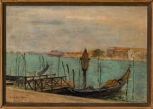“Venezia, laguna con gondole” di Oscar Eredi (FE 1901 - 1953).
Olio su tavola, cm. 25 x 35