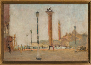“Venezia, laguna e colonne” di Oscar Eredi (FE 1901 - 1953).
Olio su tavola, cm. 25 x 35
