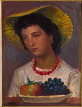 “Busto di ragazza con collana e cappello di paglia” di Achille Funi (FE 1890 - 1972).
Olio su