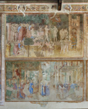 Pisa, Camposanto monumentale:
in alto: “Storie di Adamo ed Eva”;  affreschi di Piero di Puccio,