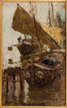 Collezione Assicoop Unipol, inv. n°  902: 
Giuseppe Miti Zanetti (1859-1929); “Al porto”, olio su