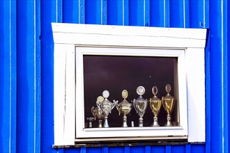 Window display with football cups in a house of the village Ilulissat, Greenland