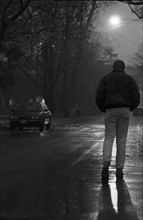 Man Walking Down Moonlit Street, Rear View