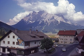View of Zugspitze Mountain Peak, Germany, from Hotel, Lermoos, Austria, 1950's