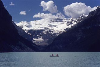 Canoe on Lake Louise, Banff National Park, Alberta, British Columbia, Canada, 1968