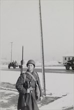 Military Soldier in Uniform with Rifle, Portrait, WWII, HQ 2nd Battalion, 389th Infantry, US Army Military Base, Indiana, USA, 1942