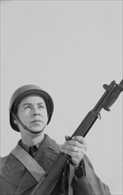Soldier with Rifle, Portrait, WWII, HQ 2nd Battalion, 389th Infantry, US Army Military Base, Indiana, USA, 1942