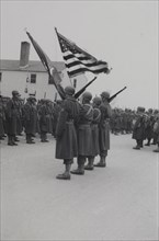 Military Soldiers in Marching Formation during Training Session Outdoor, WWII, HQ 2nd Battalion, 389th Infantry, US Army Military Base, Indiana, USA, 1942