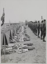 Soldiers in Row Near Tents During Inspection, WWII, HQ 2nd Battalion, 389th Infantry, US Army Military Base, Indiana, USA, 1942