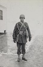 Military Soldier in Uniform, Outdoor Portrait, WWII, HQ 2nd Battalion, 389th Infantry, US Army Military Base, Indiana, USA, 1942