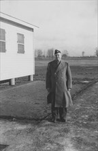 Military Soldier in Long Coat, Outdoor Portrait, WWII, HQ 2nd Battalion, 389th Infantry, US Army Military Base, Indiana, USA, 1942