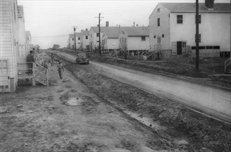 Military Buildings Along Muddy Road, WWII, 2nd Battalion, 389th Infantry, US Army Military Base Indiana, USA, 1942