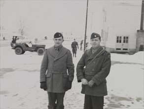 Two Military Soldiers in Uniforms and Coats in Winter, Portrait, WWII, 2nd Battalion, 389th Infantry, US Army Military Base Indiana, USA, 1942