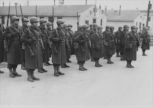 Military Soldiers at Attention, WWII, HQ 2nd Battalion, 389th Infantry, US Army Military Base, Indiana, USA, 1942