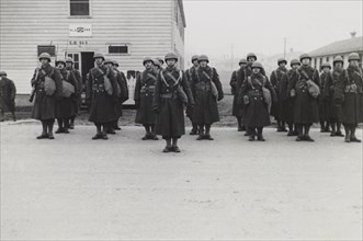 Military Soldiers at Attention, WWII, HQ 2nd Battalion, 389th Infantry, US Army Military Base, Indiana, USA, 1942