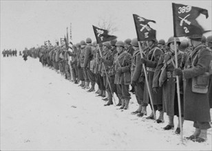 Soldiers Lined up in Snow, WWII, HQ 2nd Battalion, 389th Infantry, US Army Military Base, Indiana, USA, 1942
