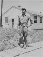 Soldier Portrait Near Military Building, WWII, HQ 2nd Battalion, 389th Infantry, US Army Military Base, Indiana, USA, 1942