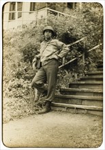 Soldier at Base of Stairway, Portrait, WWII, Third Army Division, US Army Military, Europe, 1943