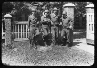 Four Soldiers Leaning Against Fence, Portrait, WWII, Third Army Division, US Army Military, Europe, 1943