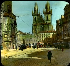 Old Town Square and Teyn Church, Prague, Czechoslovakia, Magic Lantern Slide, circa 1925