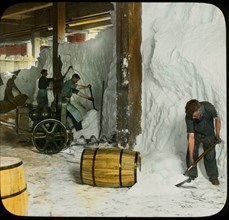 Workers Packing Salt in Barrels, St. Clair, Michigan, USA, Magic Lantern Slide, circa 1920
